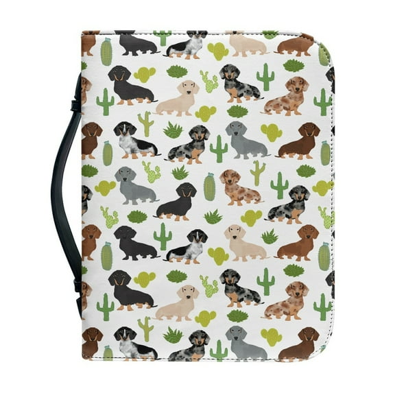 Xoenoiee Dachshund Cactus Print Bible Case Bible Cover Faux Leather Carrying Book Holder Church Bags with Zipper Study Essentials Organizer Tote Gifts for Women Men, L