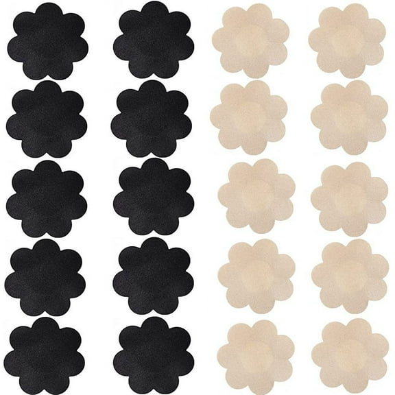 Nippleless Cover, 20 Pairs Self-Adhesive Disposable Bra Gel Petals Pad Pasties Beige 10 Pairs   Black 10 Pairs