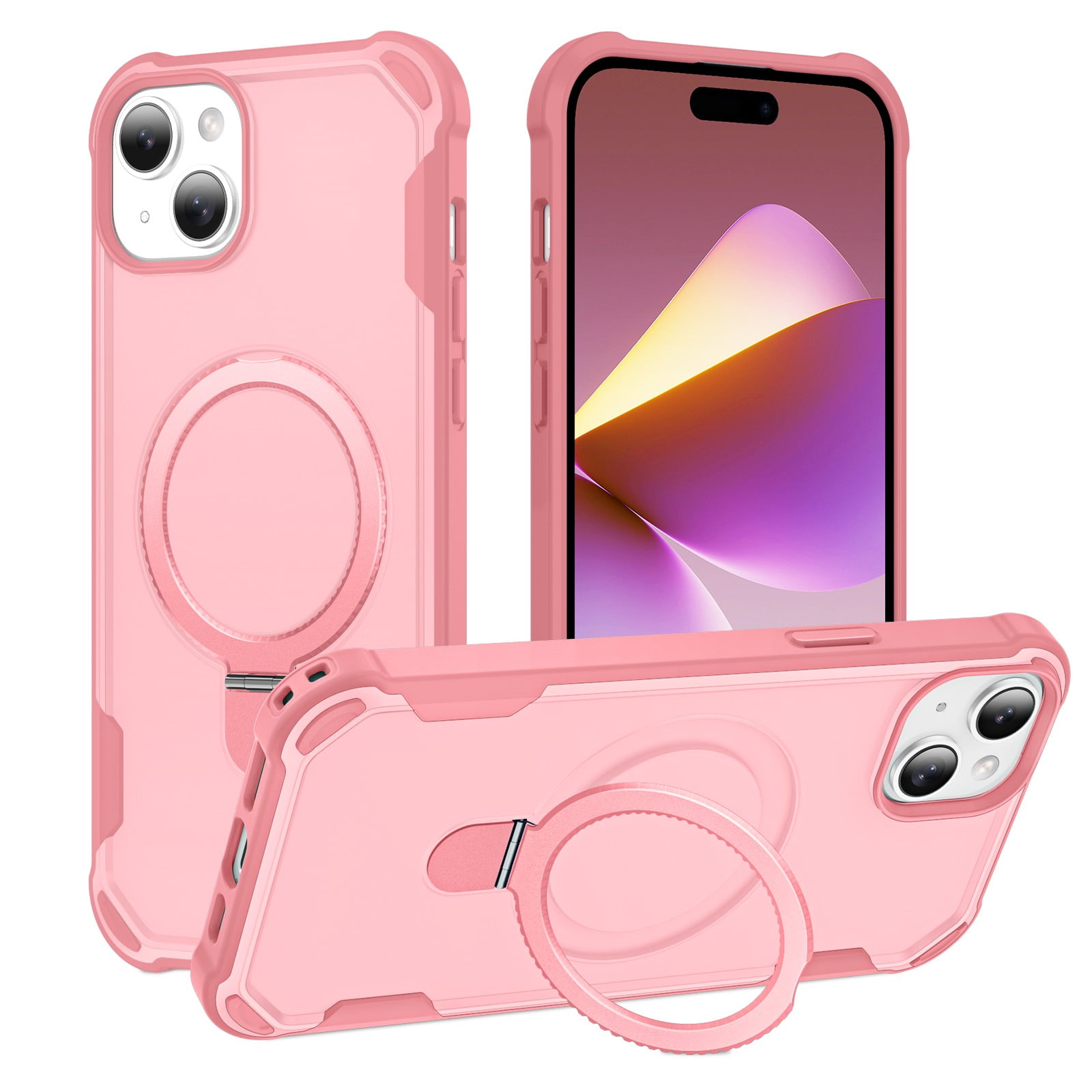 ELEHOLD For iPhone 14 Heavy Duty Shockproof Rugged Case Magnetic Rugged Case, MagSafe Compatible, with Invisible and Adjustable Ring Holder Stand, Pink