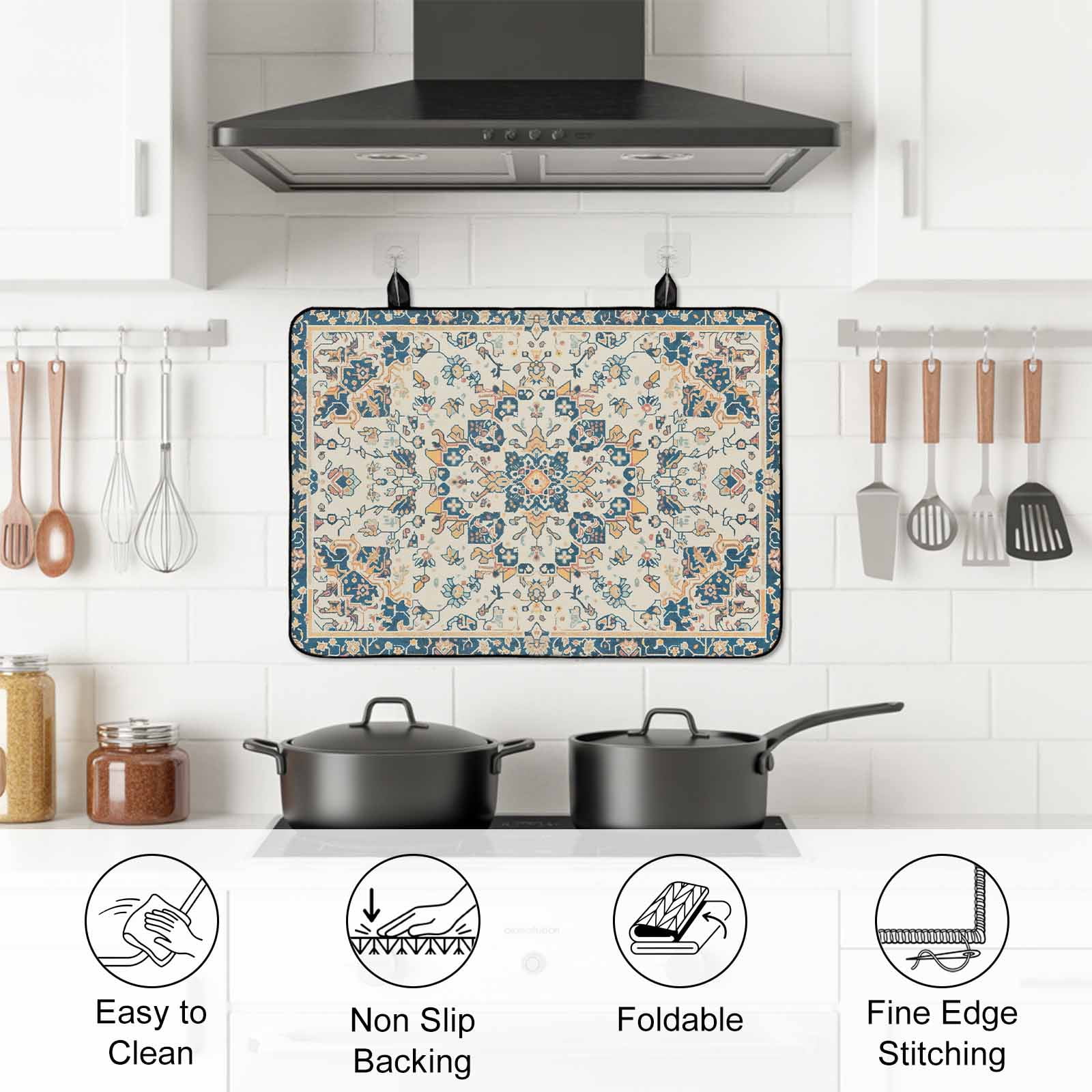 Boho Orange Blue Stove Top Cover for Electric Stove, Heat-proof & Non Slip Glass Top Stove Cover Protector, Southwestern Ethnic Mexican Flowers Rustic Kitchen Flat Cooktop Rubber Mat 24x21 Inches