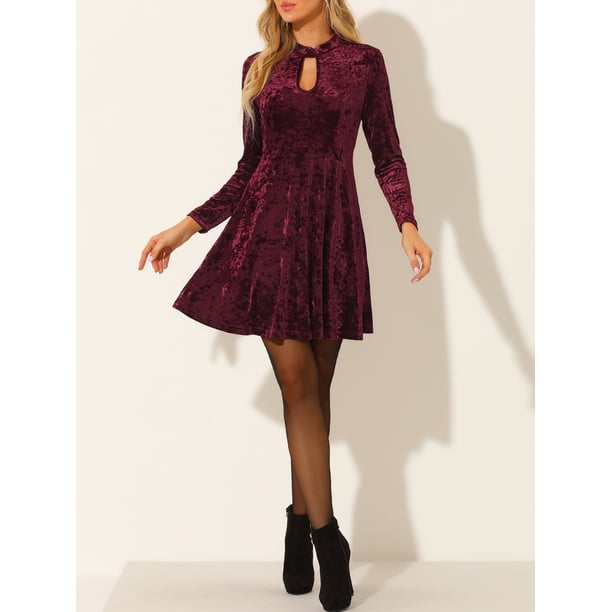 INSPIRE CHIC Women's Dress Velvet Choker Neck Long Sleeve High Waist A-Line  Mini Dresses 2XL Burgundy - Walmart Business Supplies