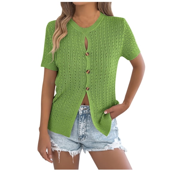 HongQid Short Sleeves Sweaters V Neck Cardigans for Women Short Sleeves Button Down Lightweight Tops