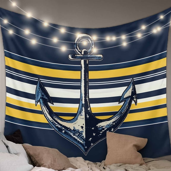 Nautical Anchor Large Tapestry for Bedroom Wall Hanging Tapestry,Navy Blue Yellow Striped Farmhouse Ombre Ceiling Backdrop Tapestries Poster Blanket Wall Decor for Teens Room Living Room 100" x 59"