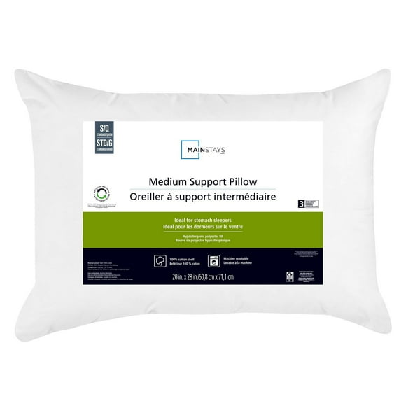 Mainstays Oreiller de lit à soutien moyen, S/Q – housse en coton, pour dormeurs sur le ventre