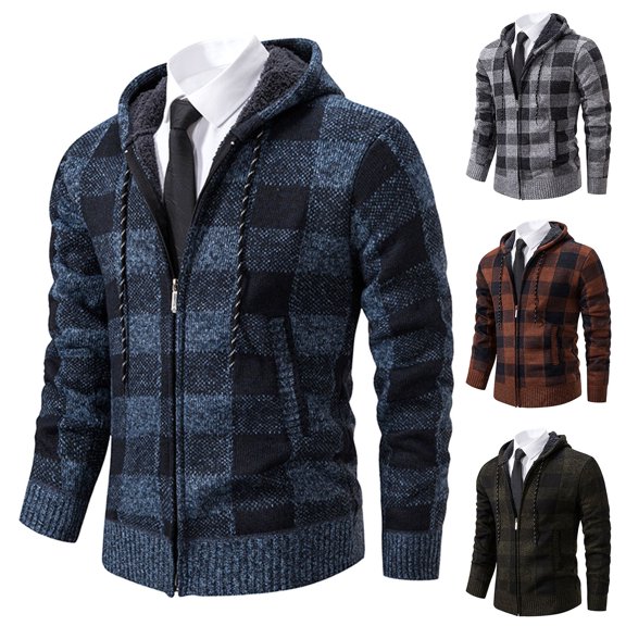 Casual Mens Jacket Plaid Solid Color Zipper Pockets Long Sleeve Hooded Fall And Winter Coats 2025