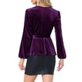 thumbnail image 3 of BLUSA DE VELVET CHIC INSPIRADA para Mujeres con Cuello en V, Manga Larga, Cintura con Corbata y Hemo Peplum M Púrpura, 3 of 5