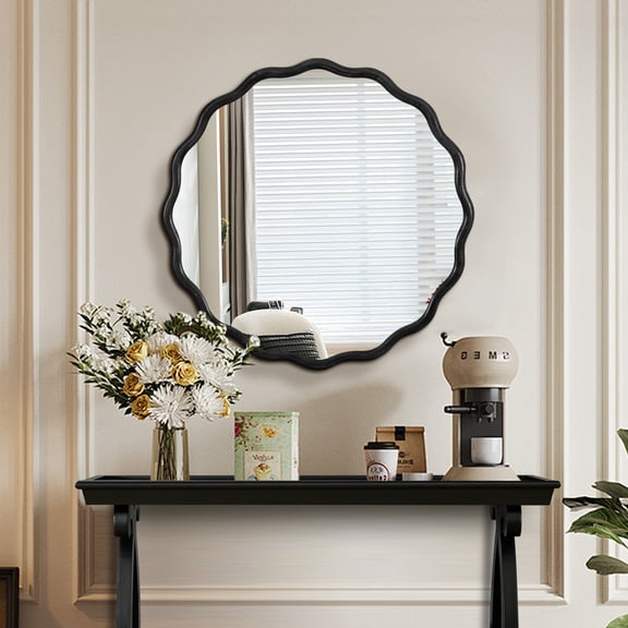 TOPCOMFY Mirrors Solid Wood Wavy Black Modern Wall Mirror for Bathroom Bedroom Living Room Dining Room Entryway Wall Decor