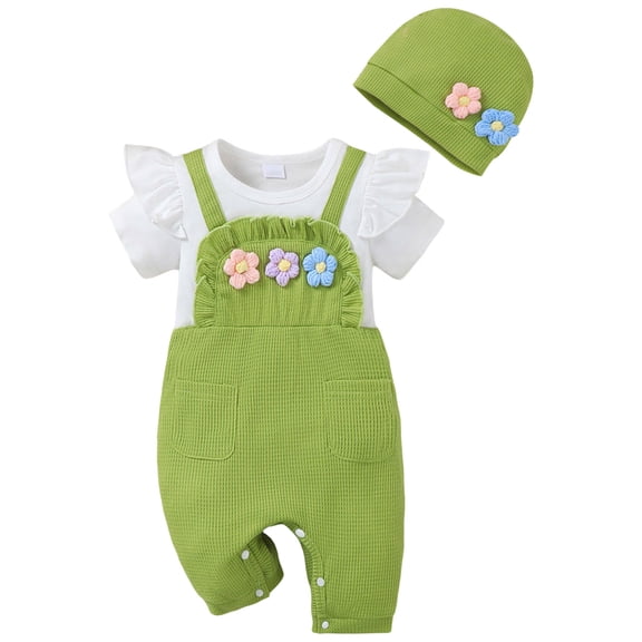 Karoyedx Girls Clothes Baby Girl Romper Infant Baby Clothes With Hat Summer Ruffle One-Piece Tddler Girls Jumpsuit Overall Pants Set Green Size,12-18 Months