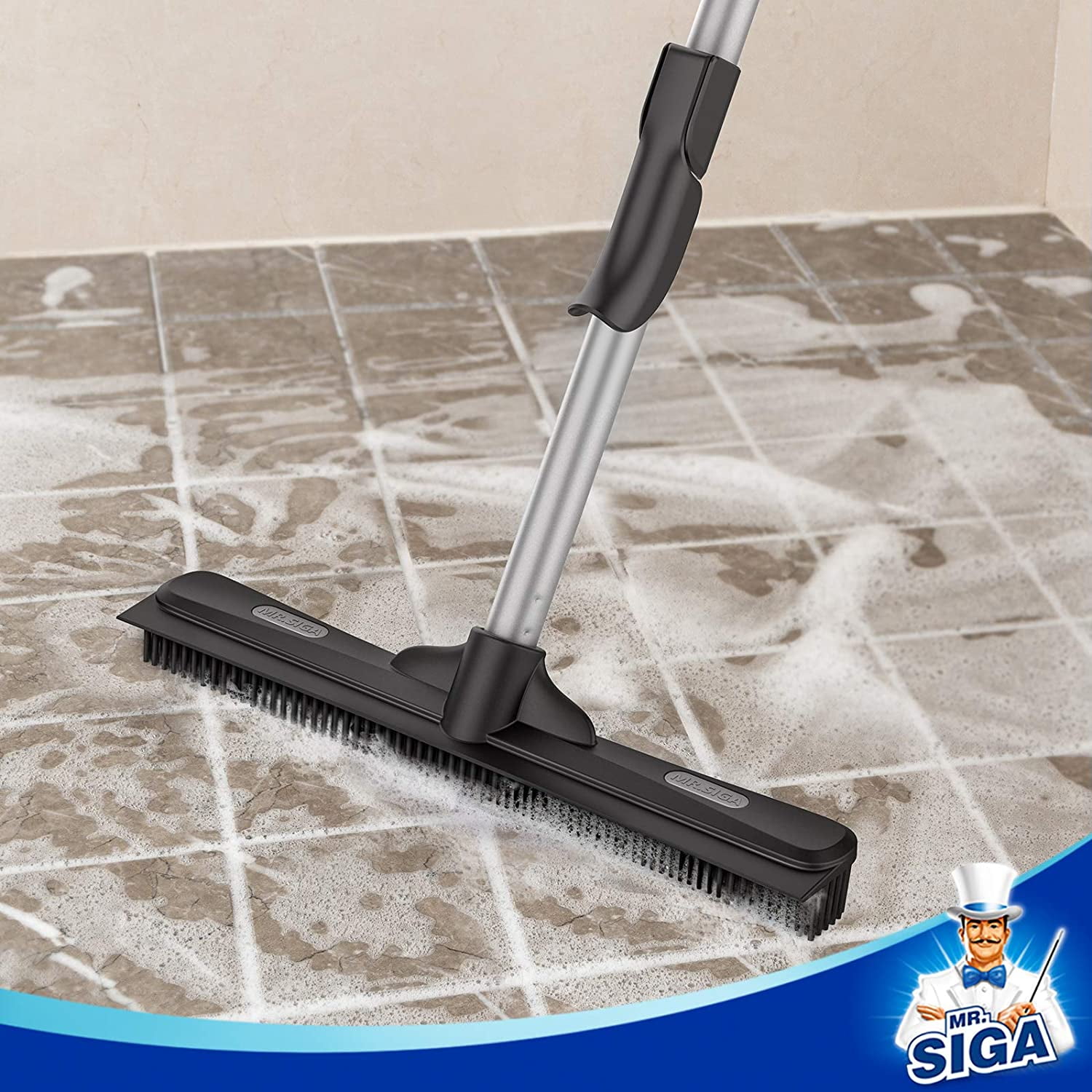61 inch Adjustable Handle 2 in 1 Floor Brush for Carpet Includes One Microfiber Cloth for Floor Dusting MR.SIGA Per Hair Removal Rubber Broom with Built in Squeegee 