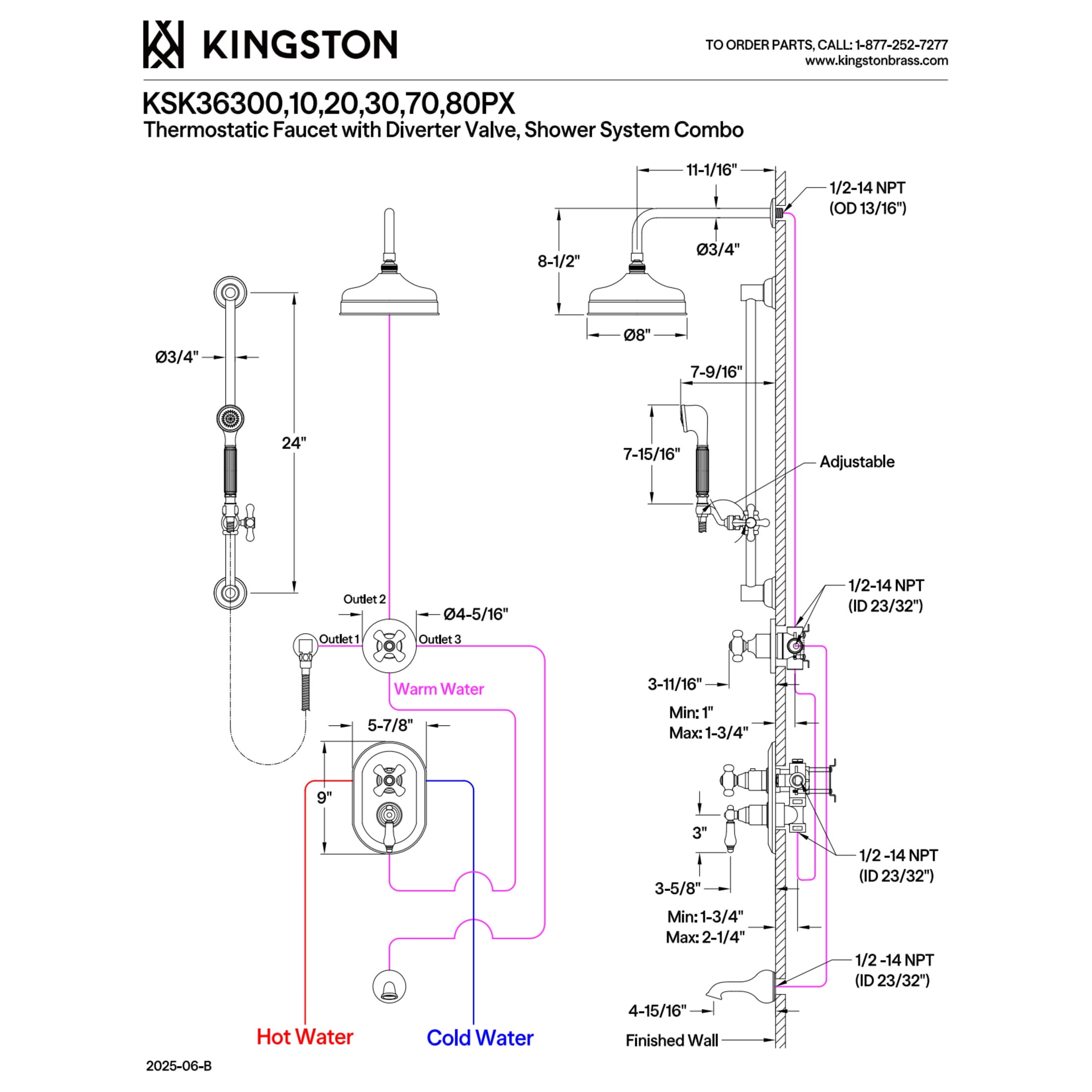 Kingston KSK36300PX Restoration Thermostatic Tub and Shower System, Matte Black
