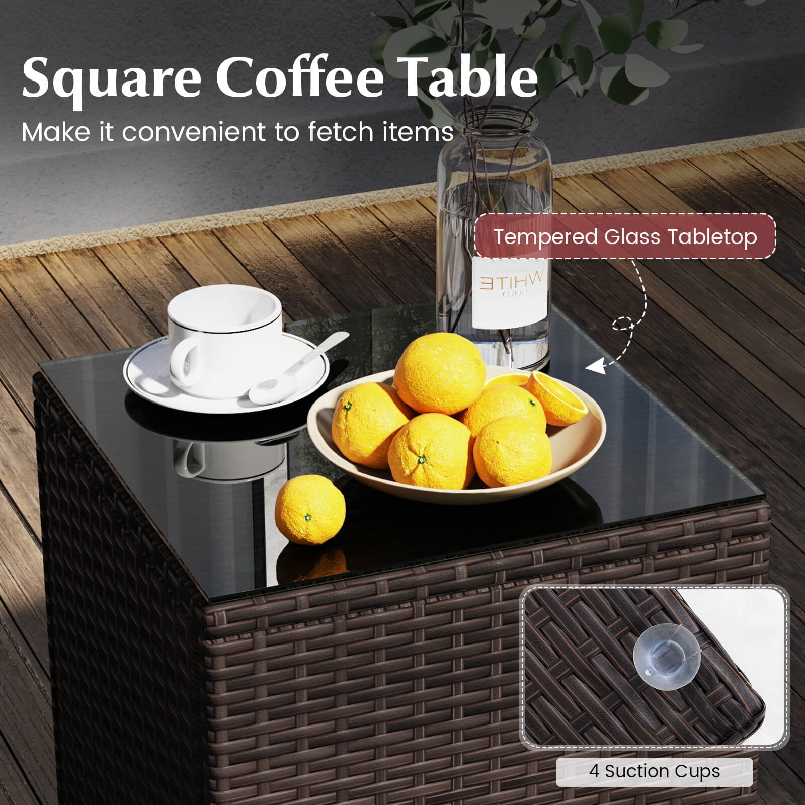 Costway 3PCS Patio Rattan Furniture Set Cushioned Sofa Glass Tabletop Deck Red