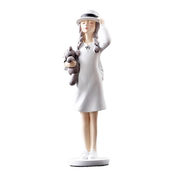 Elegante figura de niña, resina, decorativa, artesanía, escultura, figura de doncella, estatua para sosteniendo un oso