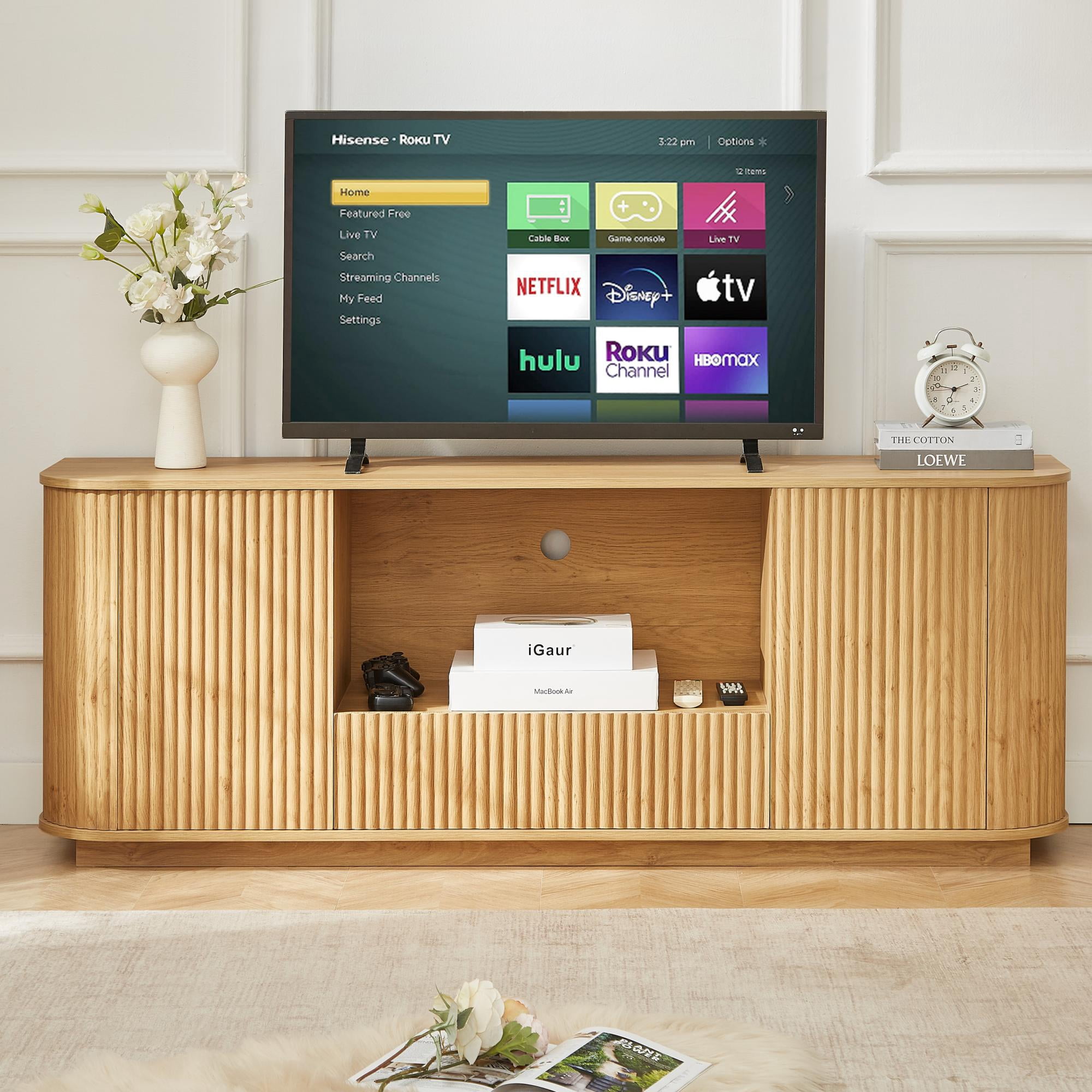 TrumanPick 64" Fluted TV Stand, Entertainment Center for TVs Up to 75 inches, TV Console Table Media Cabinet with Open Shelves for Living Room, Bedroom and Office, Natural