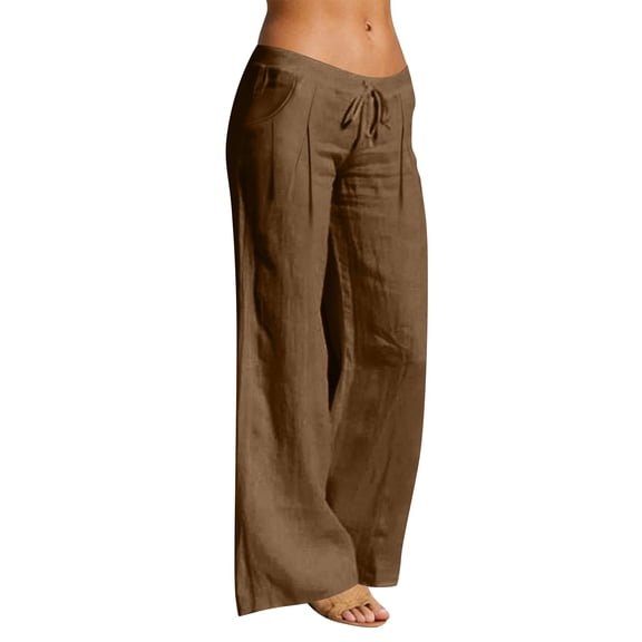 Lumtrix Cotton Linen Pants Women Wide Leg Casual Palazzo Beach Vacation Drawstring Low Rise Pockets Flowy Boho Spring Summer Trousers Brown XL