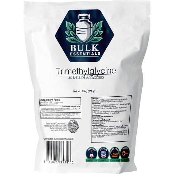 Bulk Essentials TMG Supplements – Trimethylglycine as Betaine Anhydrous for Homocysteine Levels & Active Lifestyles – 250g Unflavored USA Made Powder Free from Gluten & GMO – 1.5g Per Serving