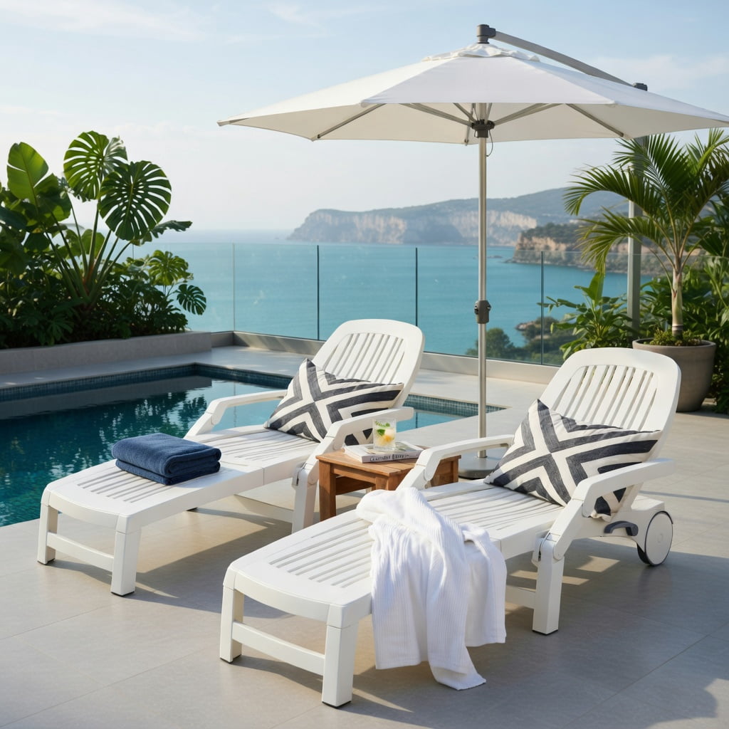 Hommoo Adjustable Outdoor Sun Lounger with All-Terrain Wheels, Weather-Resistant PP Recliner for Patio, Poolside & Backyard, White