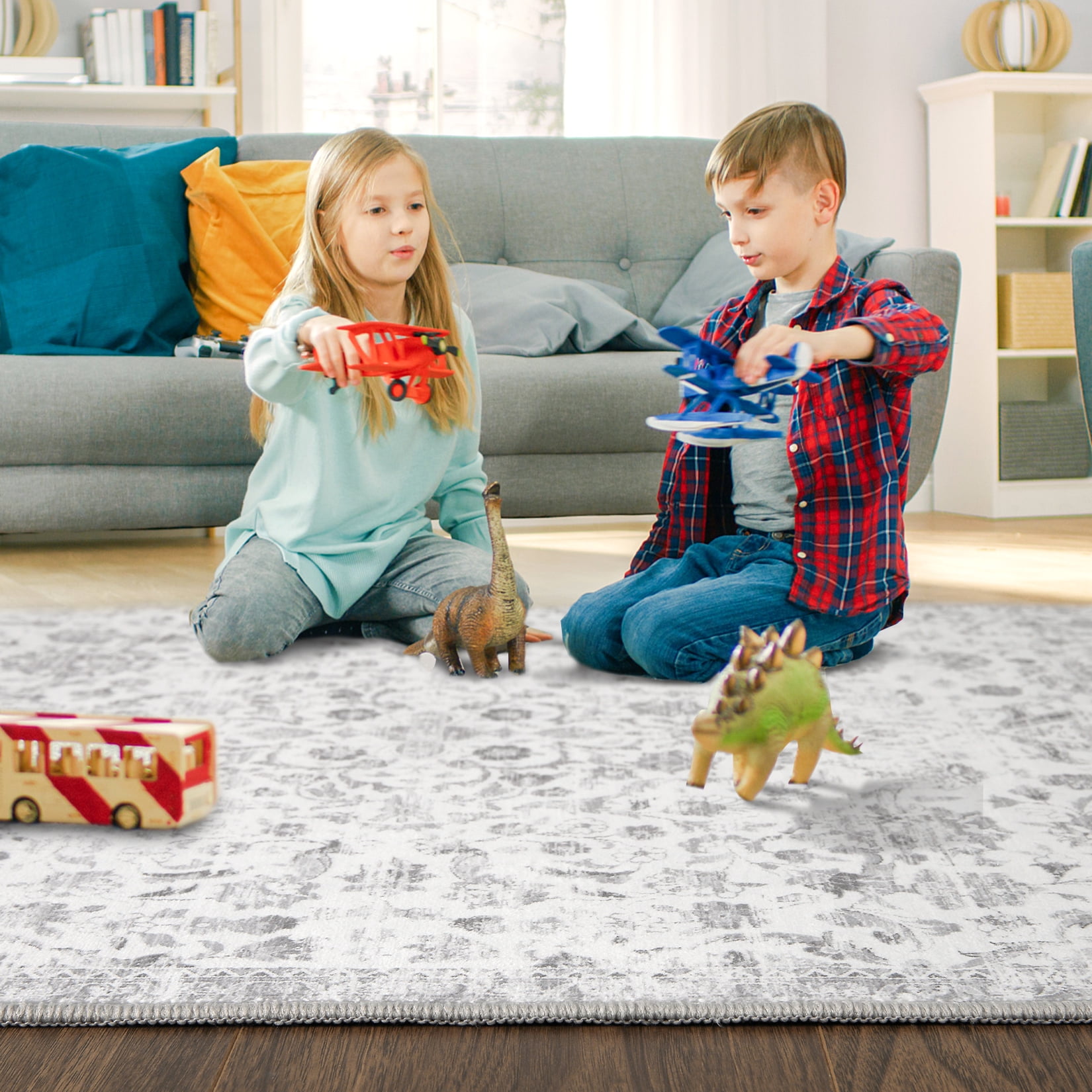 Garvee 9'x12' Large Vintage Rug Floral Print Area Rug Oriental Soft Foldable Thin Carpet Area Rugs for Living Room Bedroom, Gray