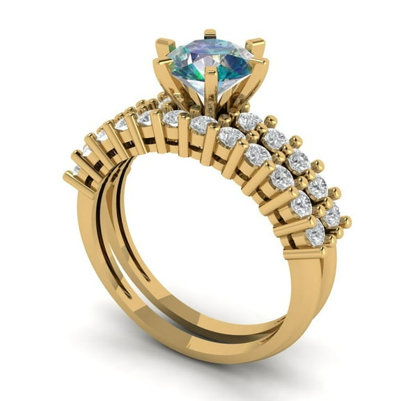 1.66 ct Brilliant Round Cut Blue Moissanite 18K Yellow Gold Solitaire with Accents Engagement Bridal Wedding Ring Band Set size 3.5