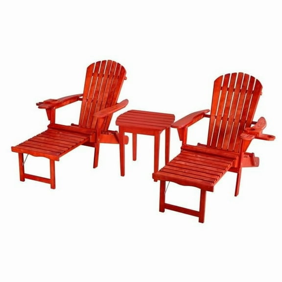 W Unlimited SW2005RD-CL2ET1 Oceanic Collection Outdoor Bistro Adirondack Chaise Lounge Foldable Chair Set with Cup & Glass Holder & Built in Ottoman, Red - Wood - 3 Piece