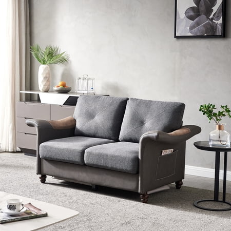 LANTRO JS Living Room General Use Linen Fabric Leather with Wood Leg Love Seat (Dark Grey)