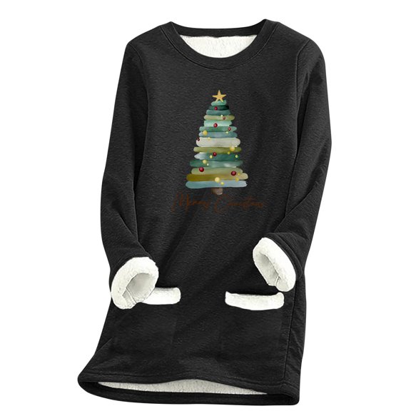 asdoklhq Christmas Plus Size Fall Tops Women's Thick Fleece Sweatshirt Long Sleeve Print Velvet Warm Round Neck Underwear Black 2X