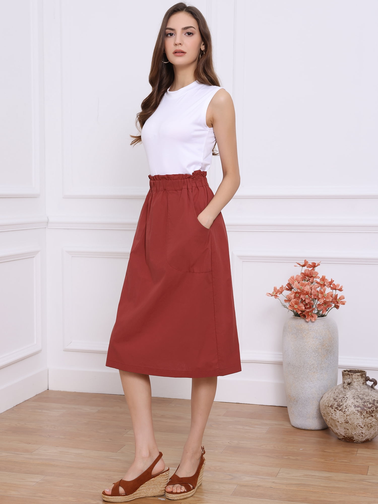 DARING DIVA Women's Cotton A-Line Elastic Waist Peasant Skirts with Pockets XS Dark Red