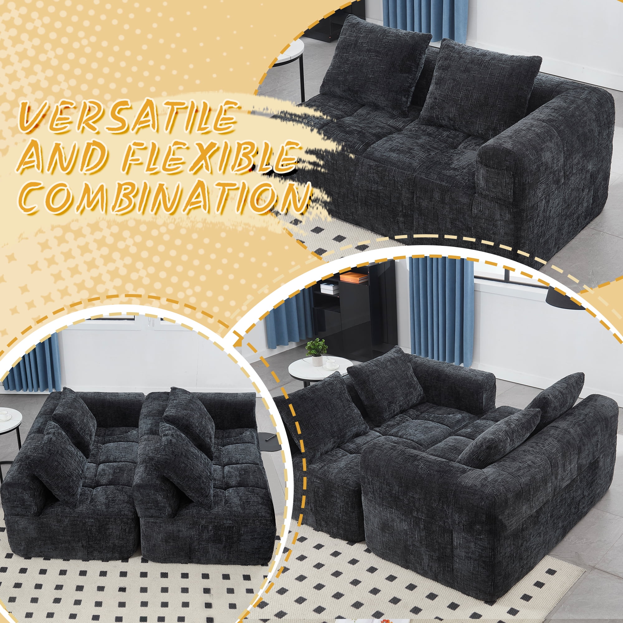 MOONMISS Chenille Upholstered Modern 2-Seater Lazy Compression Sofa with Small Side Pocket-Black