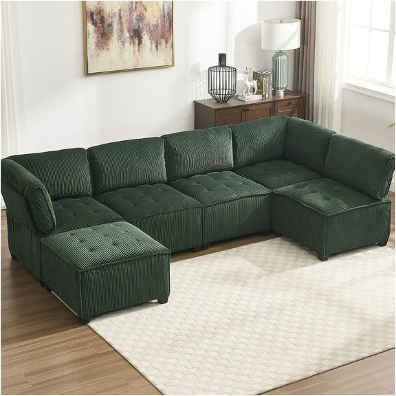 JERFIT Large U-Shaped 6-Seater Modular Sectional Sofa with Reversible Chaise, Emerald Corduroy Fabric for Living Room