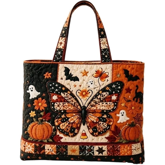 Halloween Quilted Bag Spooky Cute Large Capacity Tote, Pumpkin Cats Witch Novelty Print, Reusable Shopping Handbag with Padded Shoulder Strap, for Vacation Travel Gym Daily Use