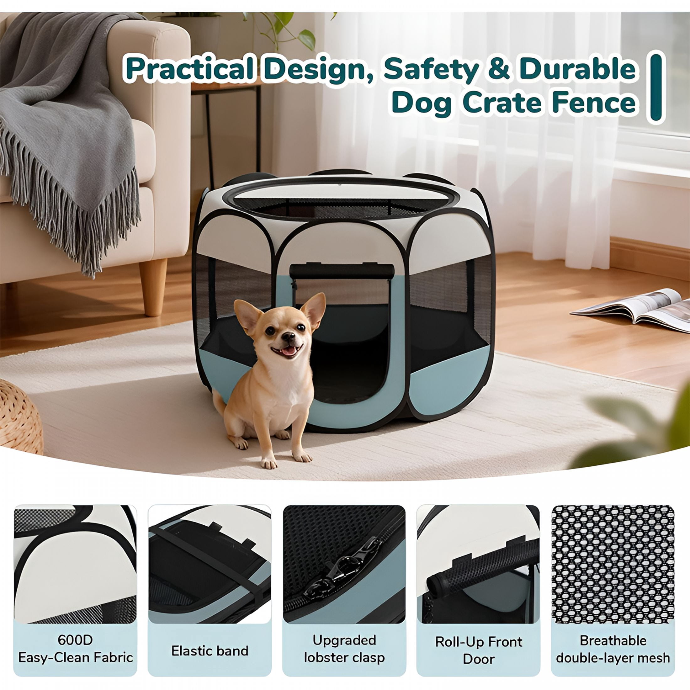 XIBUFE Dog Cat Playpen,Portable Puppy Pet Crate Indoor for Small Dogs Cats Rabbits,Foldable Dog Cage Enclosure for Outdoor,Pop Up Dogs Tent Kennel with Carrying Case,Grey