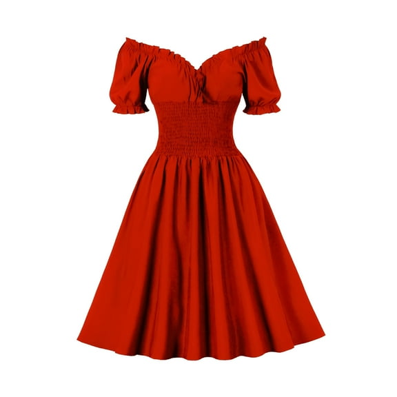 Cavosen Vintage Dresses for Women 50s Midi Dresses V Neck Retro Plain Tea Dress Short Puff Sleeve Knee Length Party Dress A Line Cocktail Dress Elastic Waist Off Shoulder Evening Prom Gown