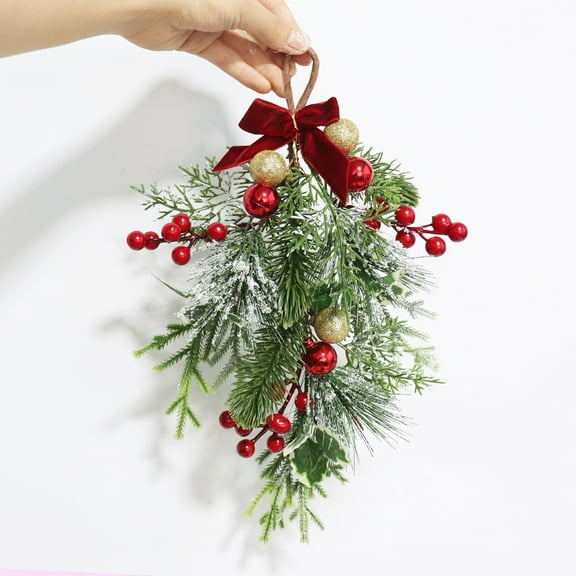 Christmas Hanging Decoration, Christmas Swag Decorative Teardrop Swag Handmade Christmas Wreath with Bowknot, Red Berries and Balls for Home Holiday Decoration (1PC)