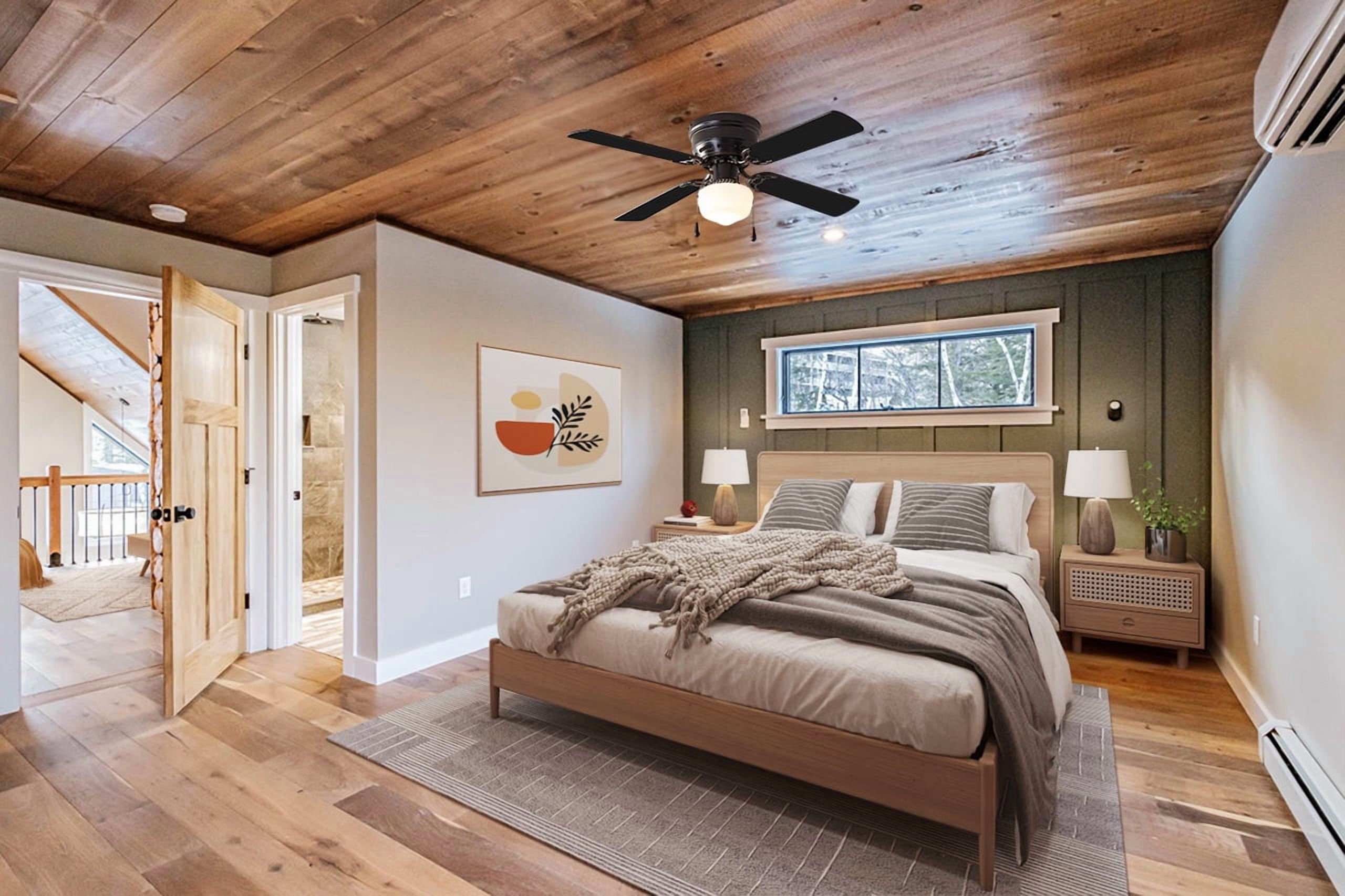 MAINSTAYS 42 INCH HUGGER INDOOR CEILING FAN WITH LIGHT KIT, BLACK, 4 BLADES, REVERSE AIRFLOW