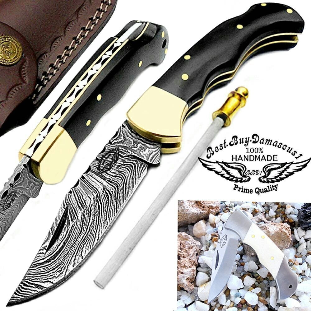 Best.Buy.Damascus1 Pocket Knife Set, Buffalo Horn Damascus Steel Hunting Knives, 3 in Blade, Black