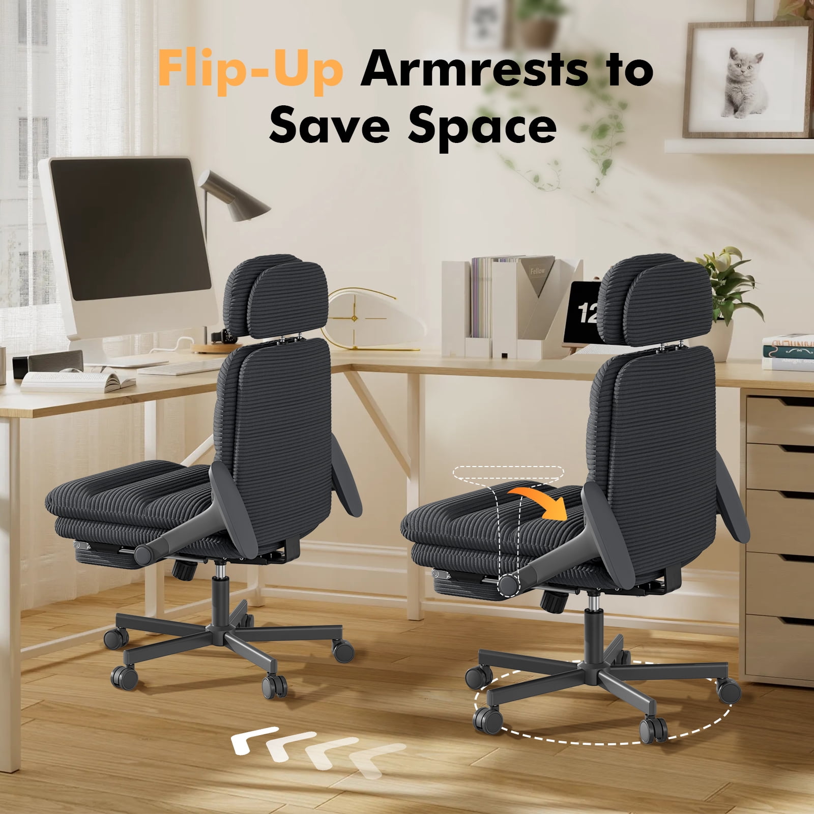 HomeZeer Criss Cross Chair with Flip-up Arms, Executive Criss Cross Legged Office Chair with Footrest, Swivel Corduroy Computer Desk Chair with Lumbar Pillow & Headrest for Home Office, Black