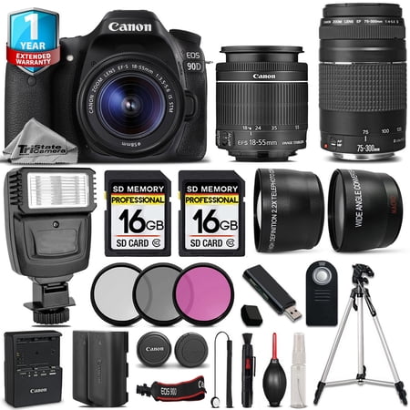 Canon EOS 90D DSLR Camera + 18-55mm IS + 75-300mm + Flash + EXT BAT + 1yr Wrnty