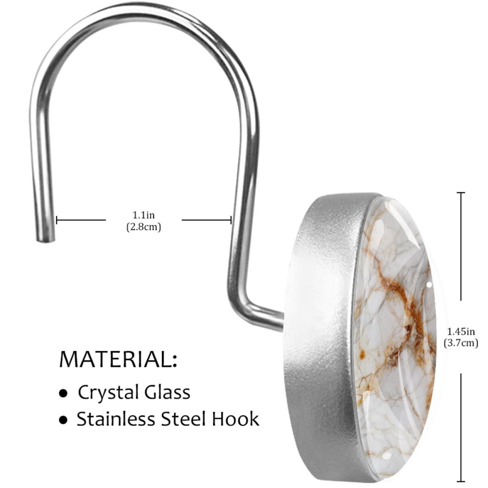 Marble Texture Shower Curtain Hooks （Set of 12） for Home Hotel Shower Rods Bathroom Crystal Glass Print Stainless Steel Round Curtain Hooks