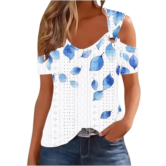 YUGYXL Eyelet Tops for Women Cold Shoulder Floral Blouse Scoop Neck Shirts Dressy Casual Blouses Summer Vacation Outfits Tops Blue Top M