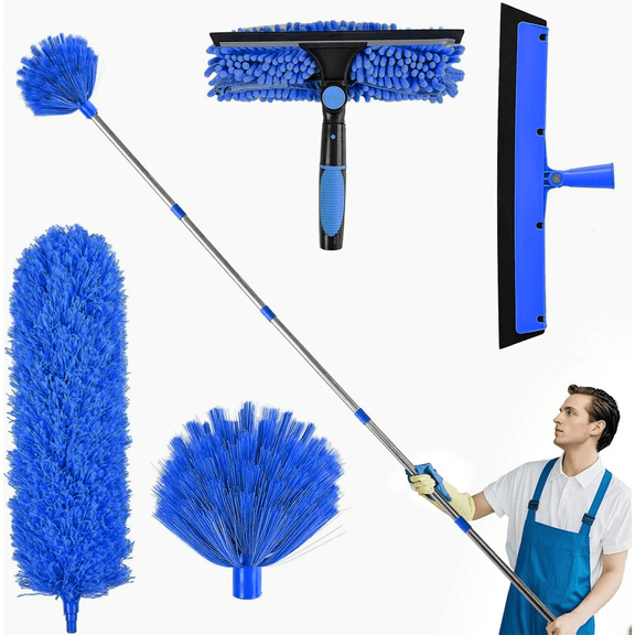 High Reach Duster Kit with14 ft Extension Pole High Ceiling Dusting and Window Cleaning Kit with Spliceable Pole - Cobweb Duster, Fan Blade, Window Washer & Squeegee and Feather Dusters