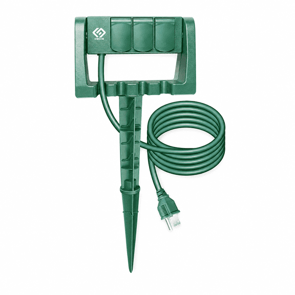 OSKOS Outdoor Power Stake, 3 Grounded Outlets with 90º Rotating Function and Safety Cover, 6FT Cord, UL Listed, Green