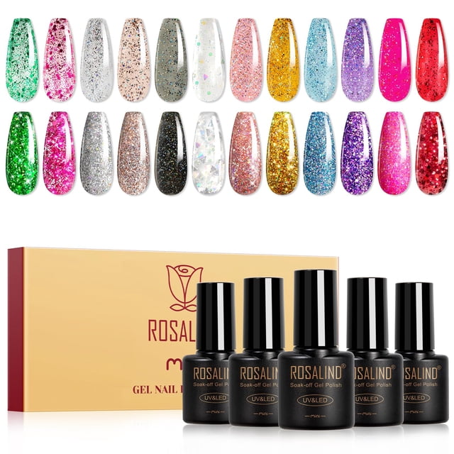 Set de esmaltes de uñas en gel con purpurina ROSALIND, 12 colores, 5 ml