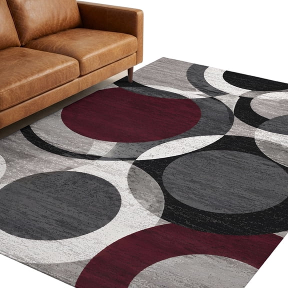 Overlapping Circular Rings Area Rug 5x7ft Minimalist Abstract Red Black Texture Non-Slip Washable Rectangle Rugs Soft Felt Indoor Floor Mat for Bedroom Kitchen Living Room Bathroom