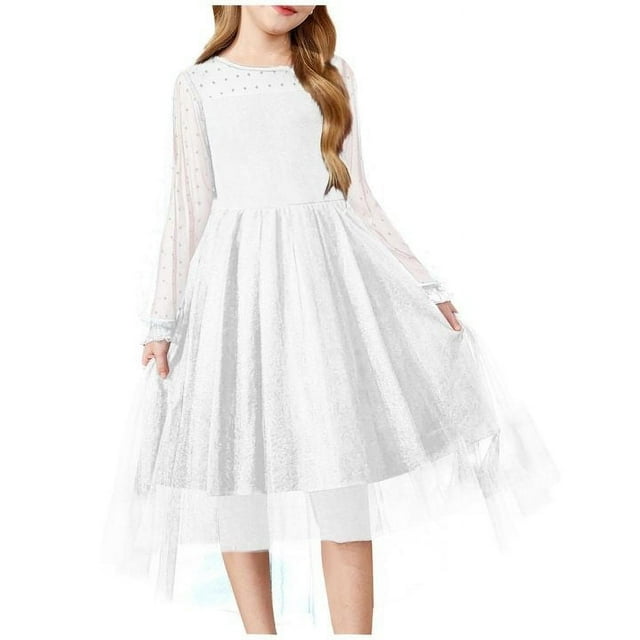 FhsagQ Robe pour Filles Printemps Robe à Manches Longues pour Filles Robe Princesse en Tulle Robes de Pâques pour Filles Robes Vertes pour Filles 12-14 Ans Blanc 7-8 Ans