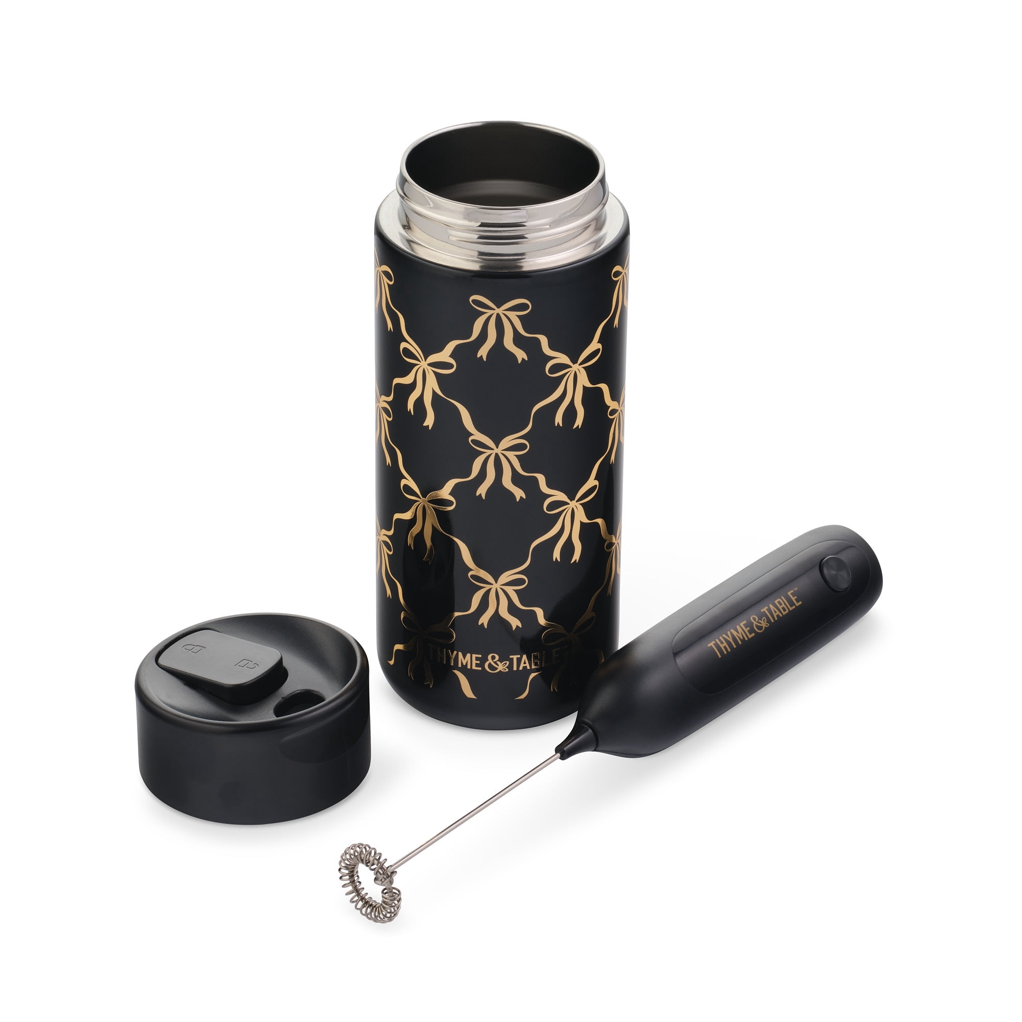 Thyme & Table 22 fl oz Stainless Steel Coffee Tumbler with Frother, Black Bow