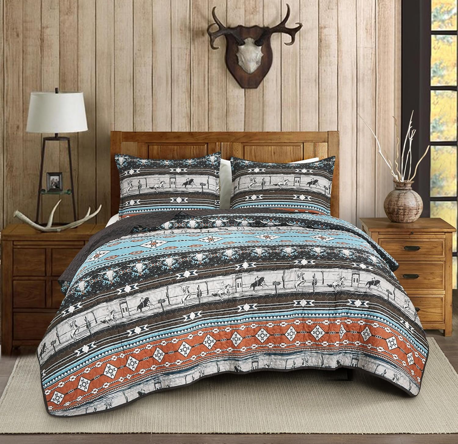 Chezmoi Collection Boone 3-Piece Southwestern Cowboys Rodeo Quilt Set King, Multicolor Blue Brown Beige Clay Printed Microfiber Lightweight Bedspread Set for All season