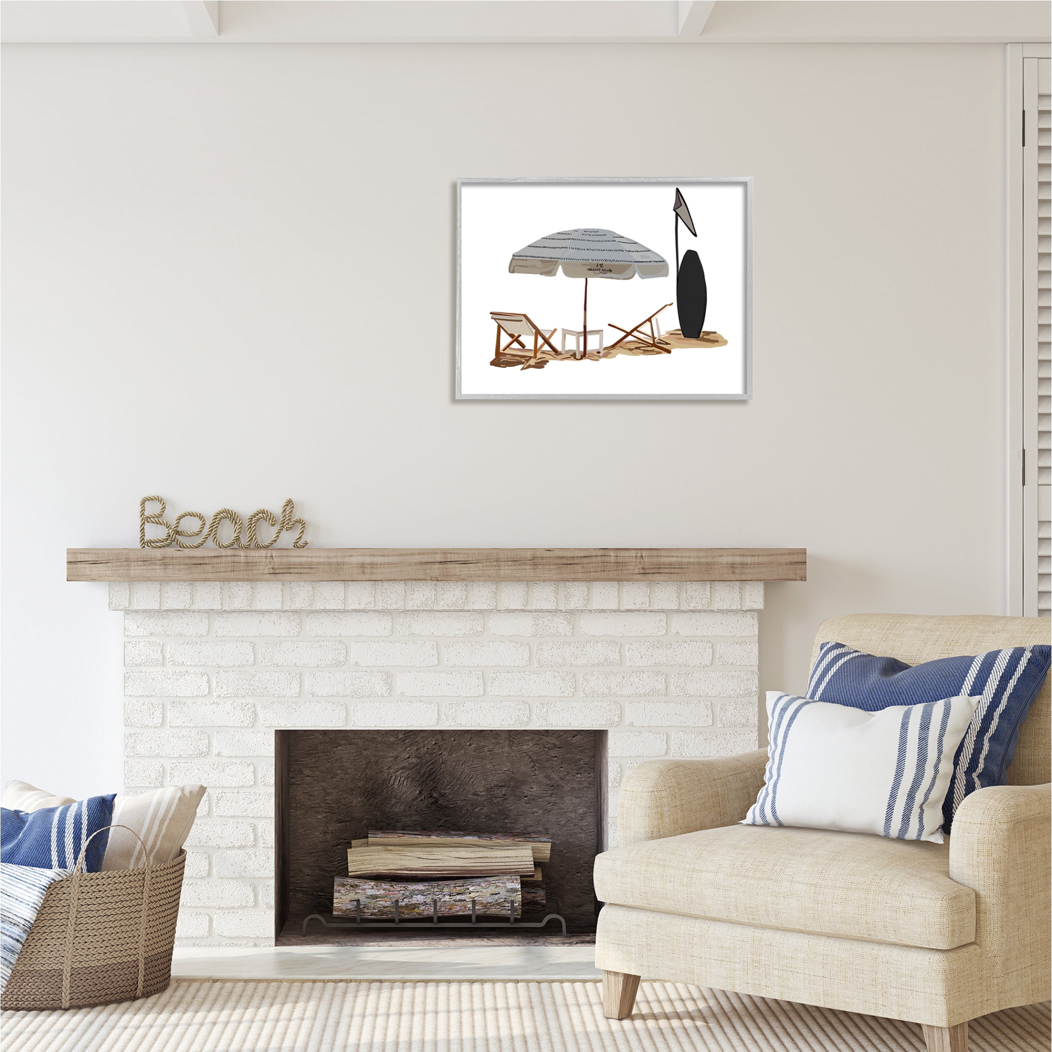 Stupell Industries Minimal Beach Umbrella Scene Nature Painting Gray Framed Art Print Wall Art, 30 x 24