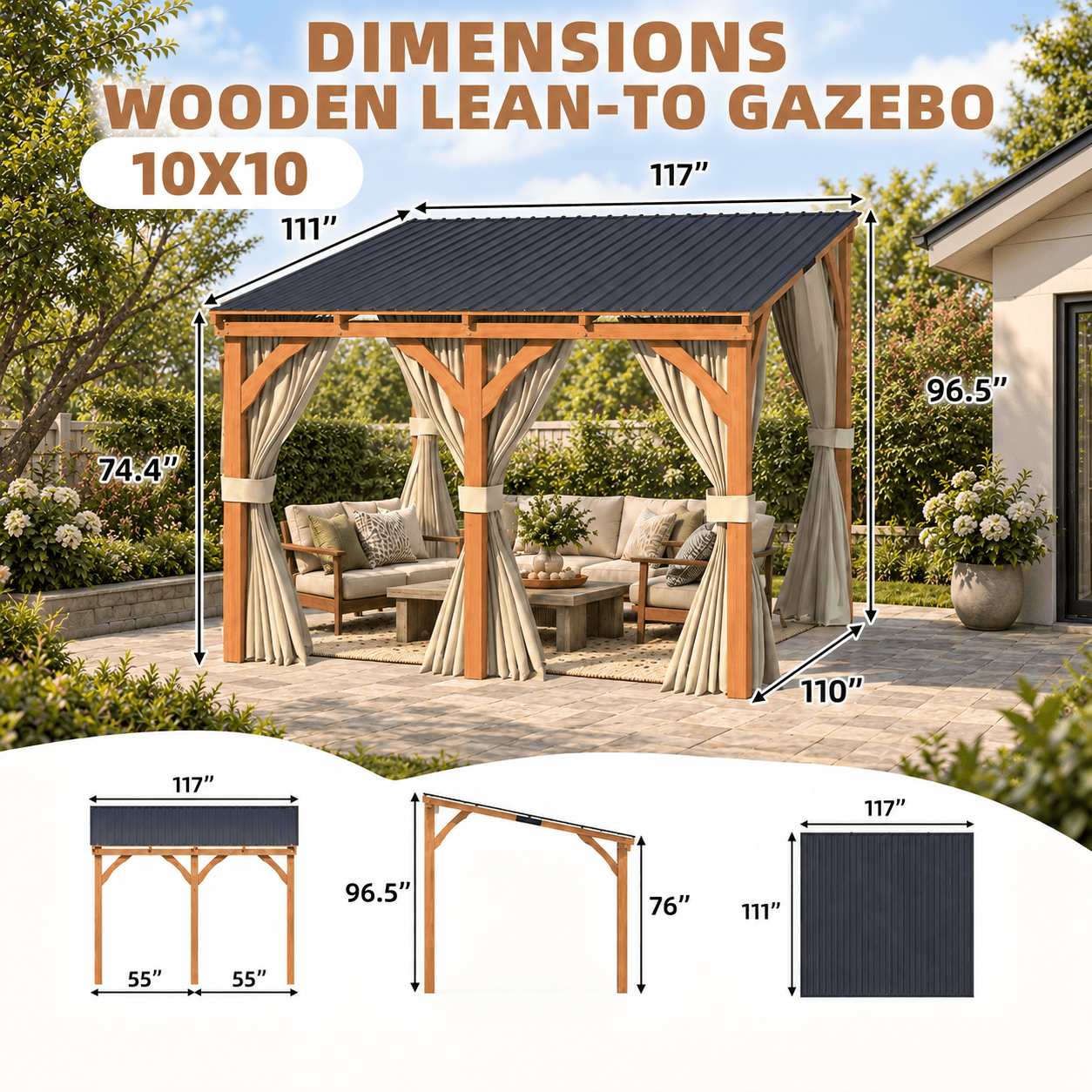 YODOLLA 10'x10' Wooden Hardtop Lean-to Gazebo with Curtains