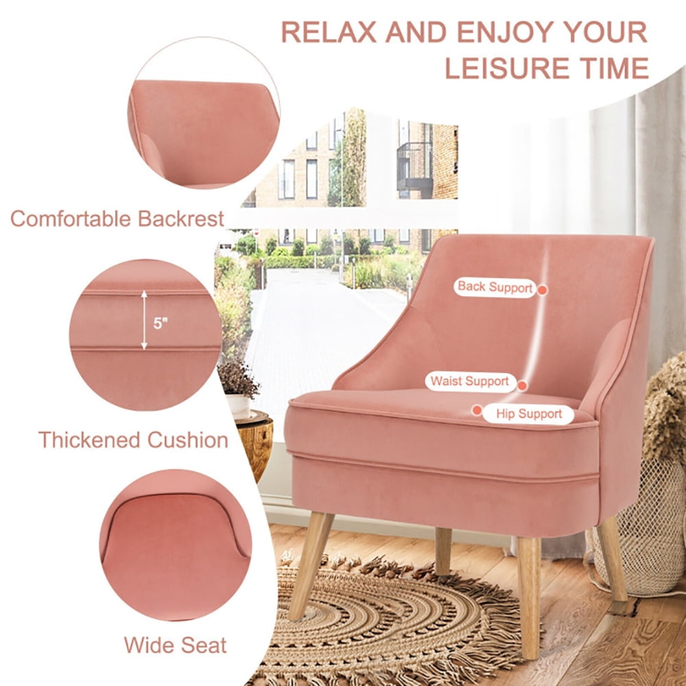 Finihen Velvet Accent Chair, Mid Century Velvet Accent Chair with Rubber Wood Legs, Thickly Padded, for Living Room, Bedroom, Pink