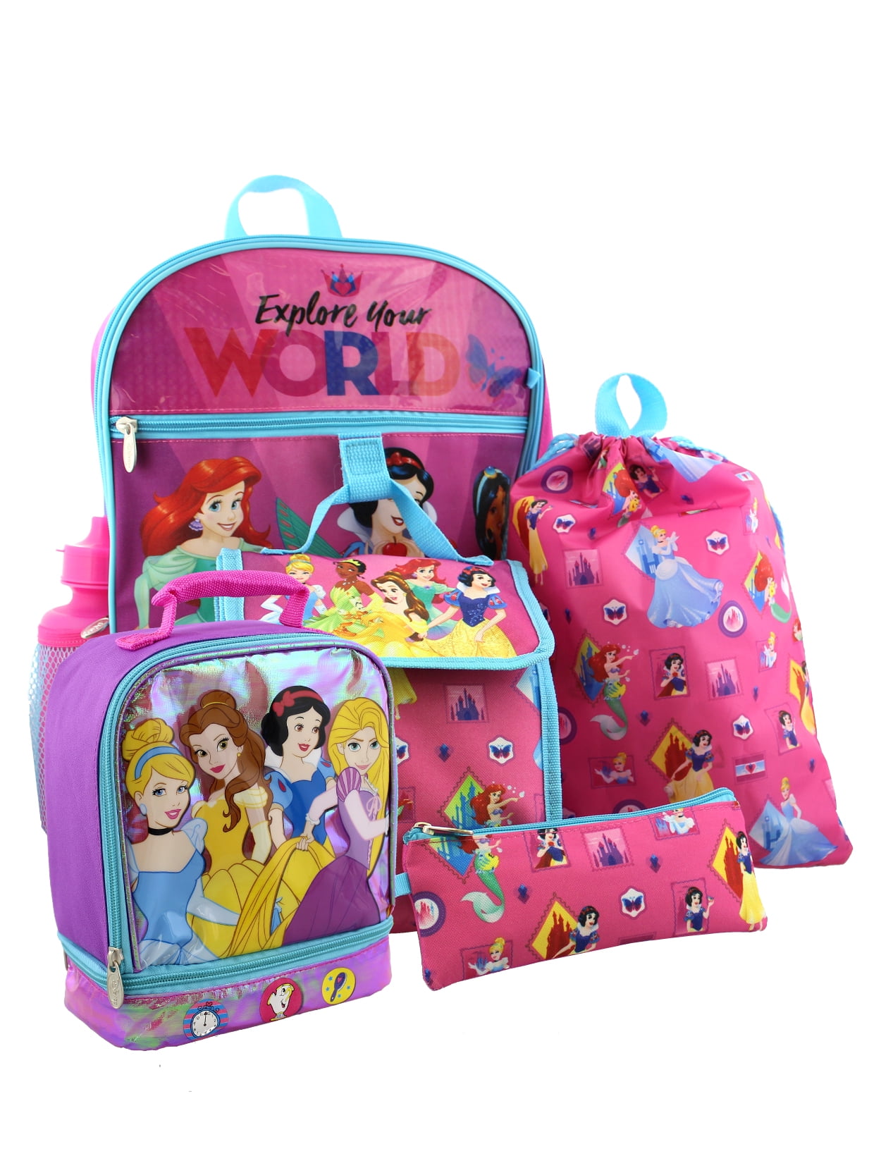 Disney Princess Mermaid Girls School Backpack Lunch Box Book Bag 5 Piece SET Toy 