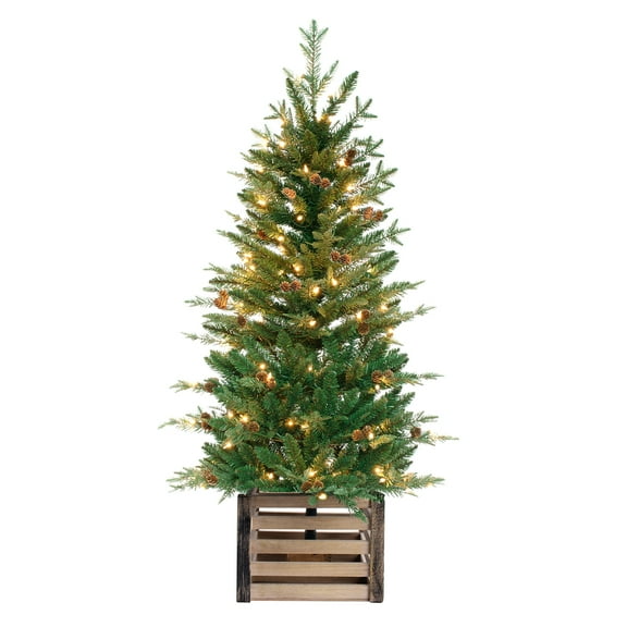 Haute Decor 4 Foot Pre-Lit Asheville Artificial Fir Potted Christmas Tree - Natural looking tree in square wooden planter